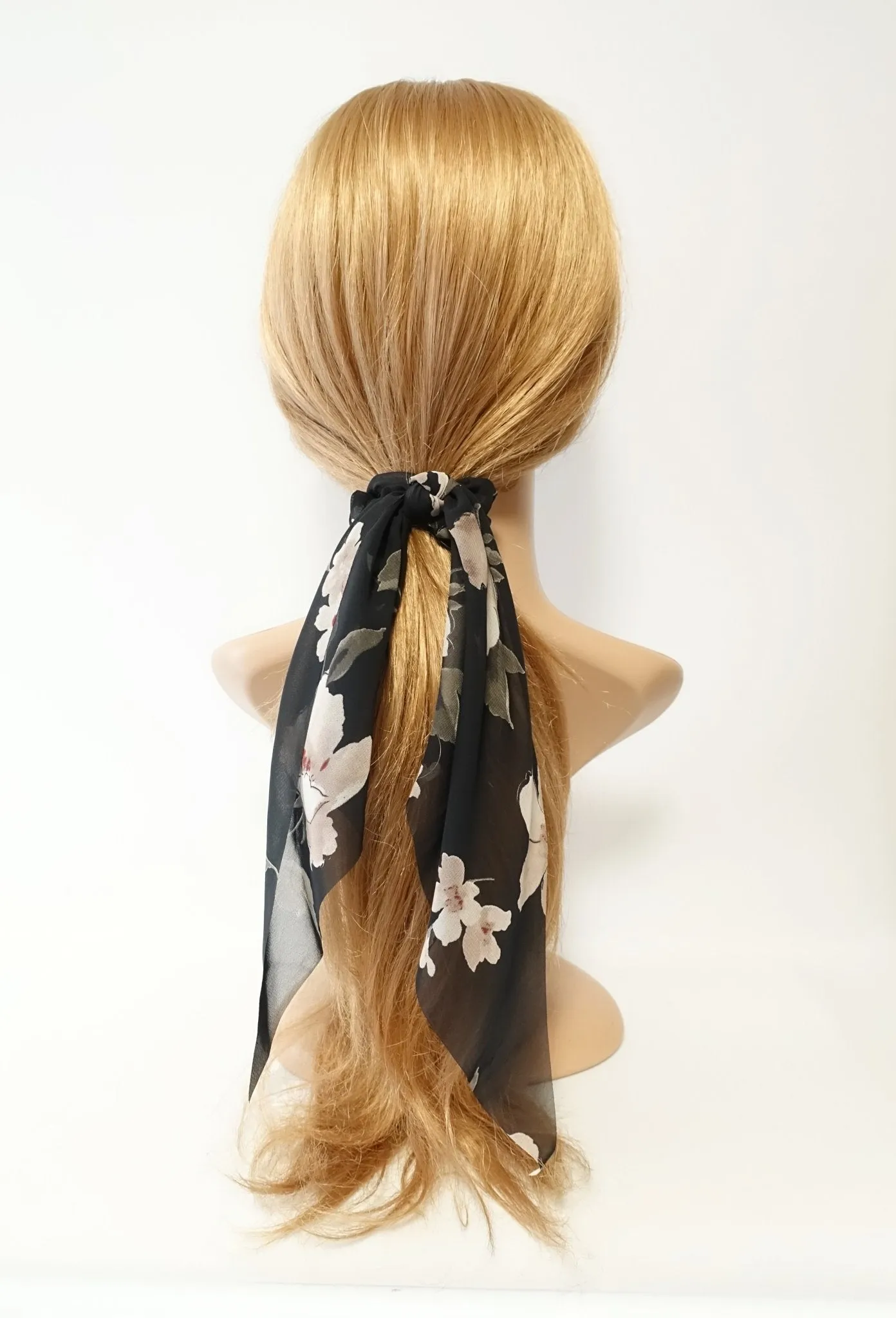 big flower plant print long tail chiffon scrunchies stylish women hair elastic accessory