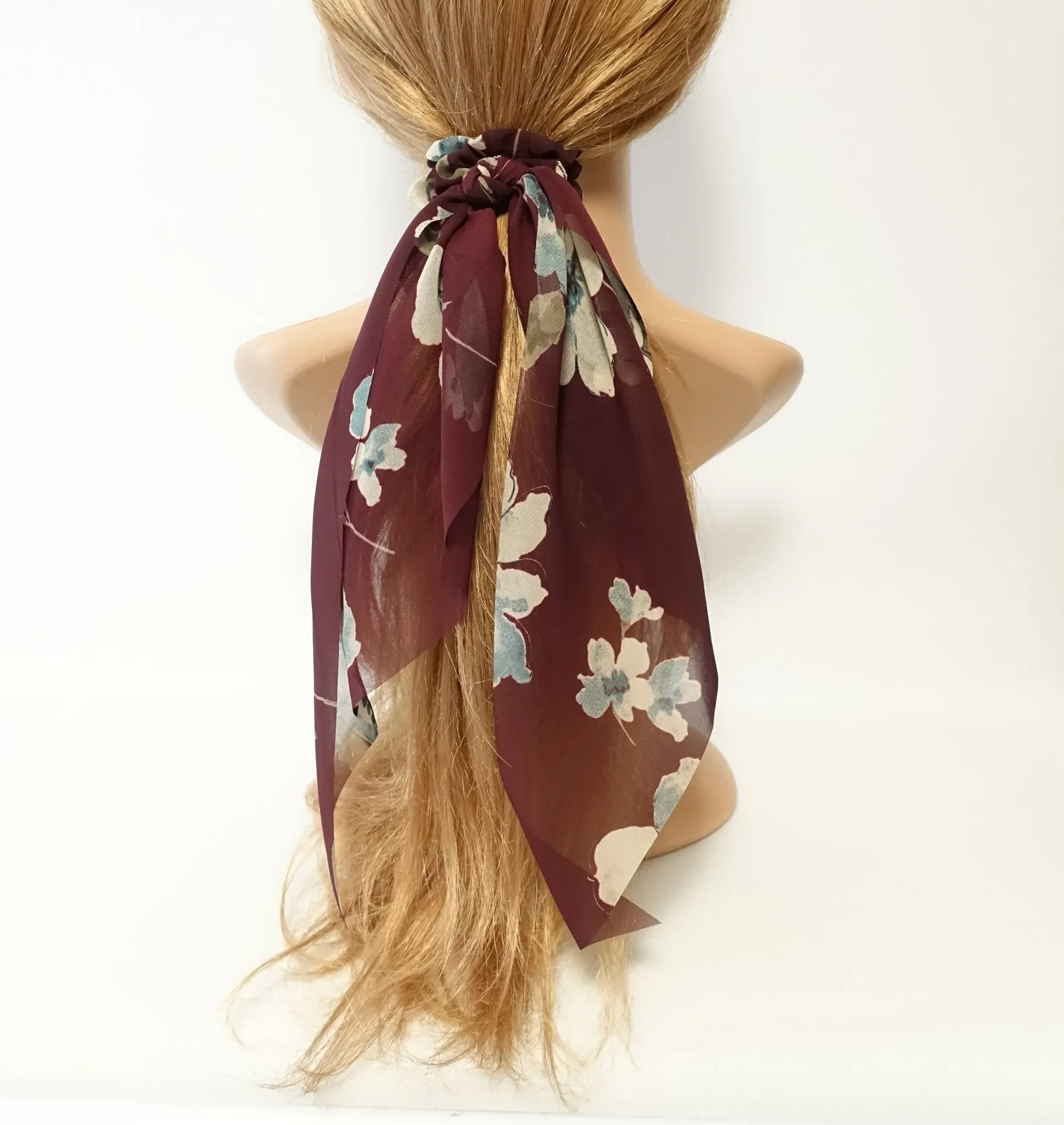 big flower plant print long tail chiffon scrunchies stylish women hair elastic accessory