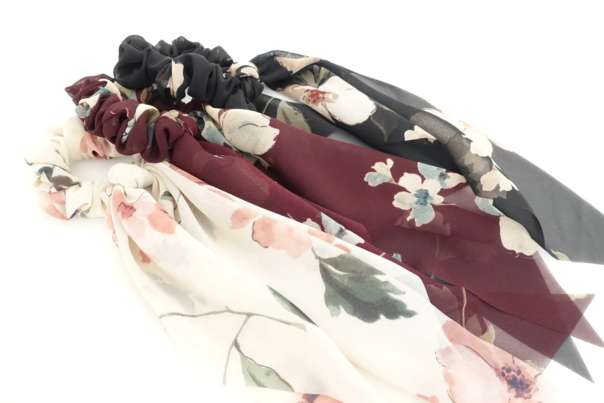 big flower plant print long tail chiffon scrunchies stylish women hair elastic accessory