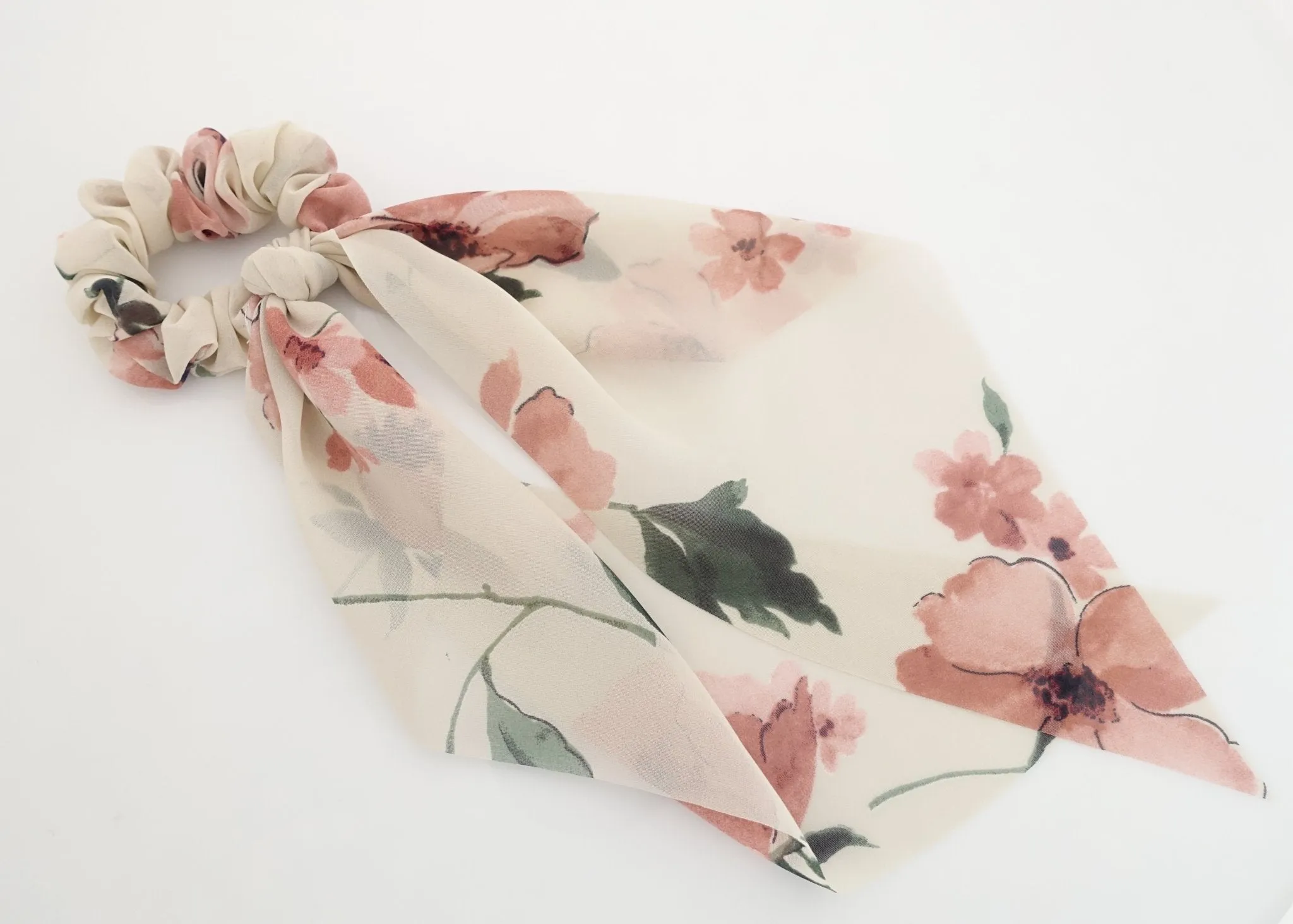 big flower plant print long tail chiffon scrunchies stylish women hair elastic accessory