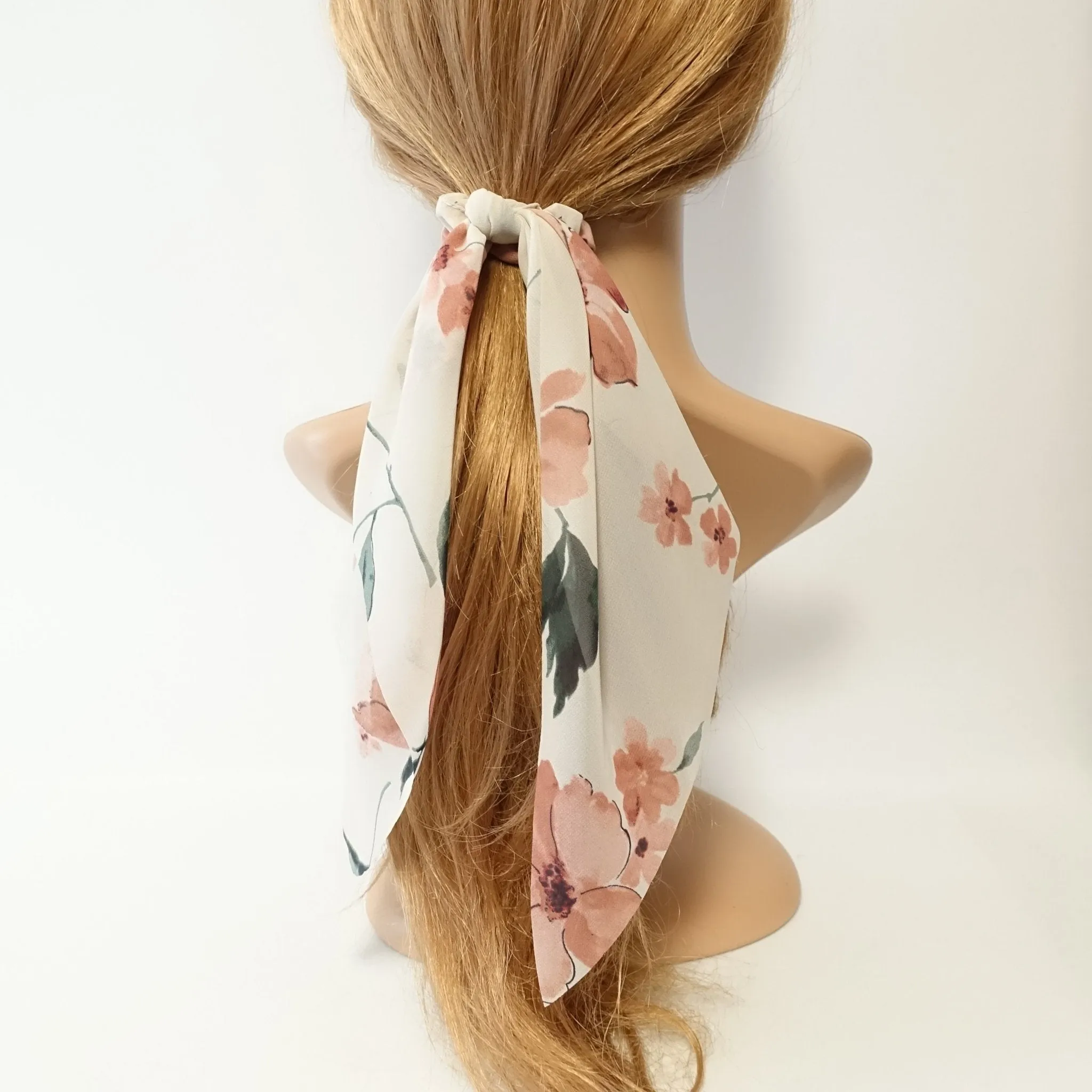 big flower plant print long tail chiffon scrunchies stylish women hair elastic accessory