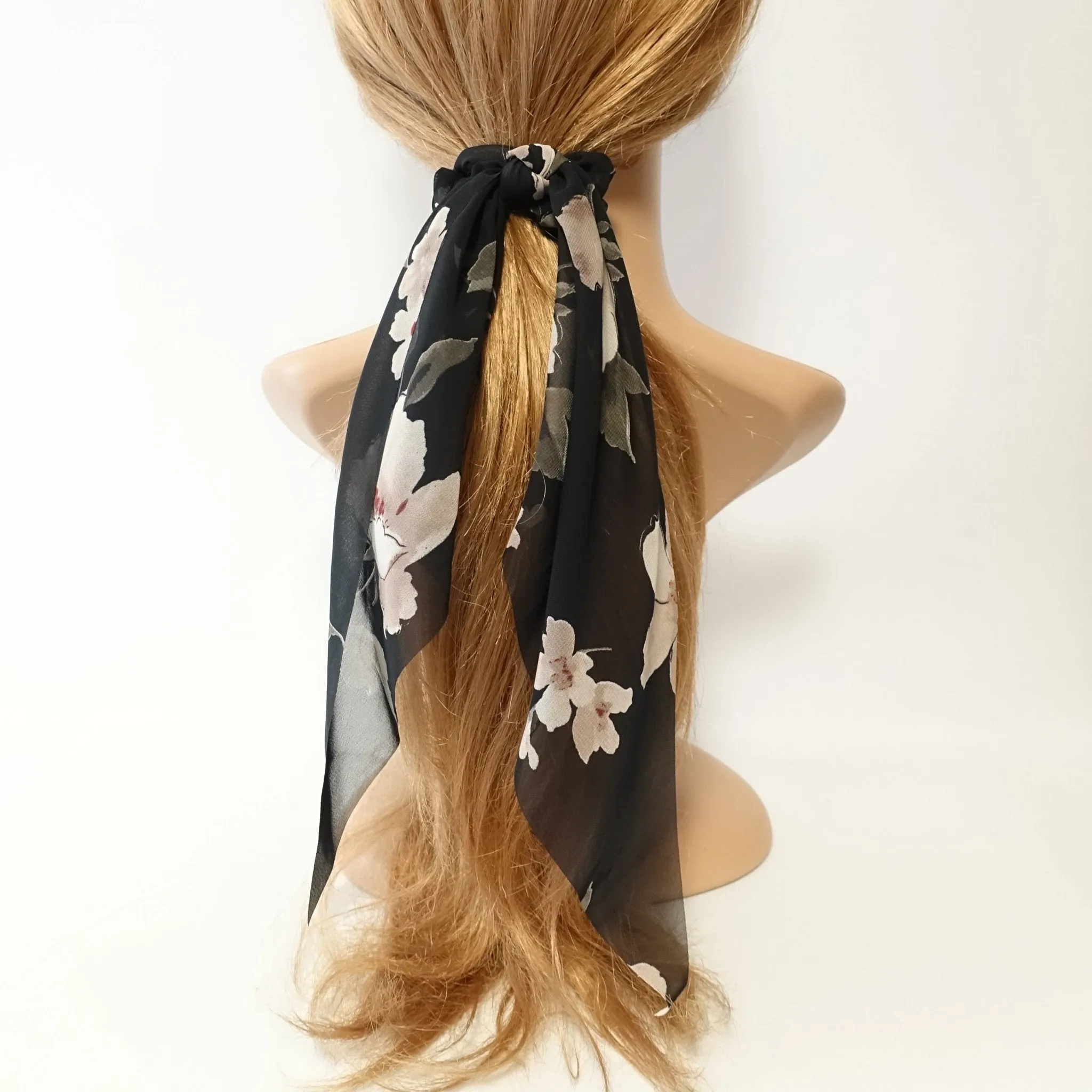 big flower plant print long tail chiffon scrunchies stylish women hair elastic accessory