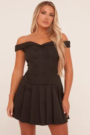 Black Bardot Pleated Tailored Blazer Dress - Elmina