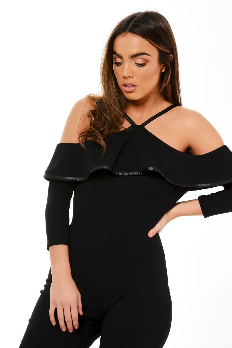 Black Cold Shoulder Frill Detail Jumpsuit - Donna