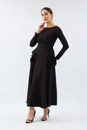 Black Design Rose Detailed Midi Skirt