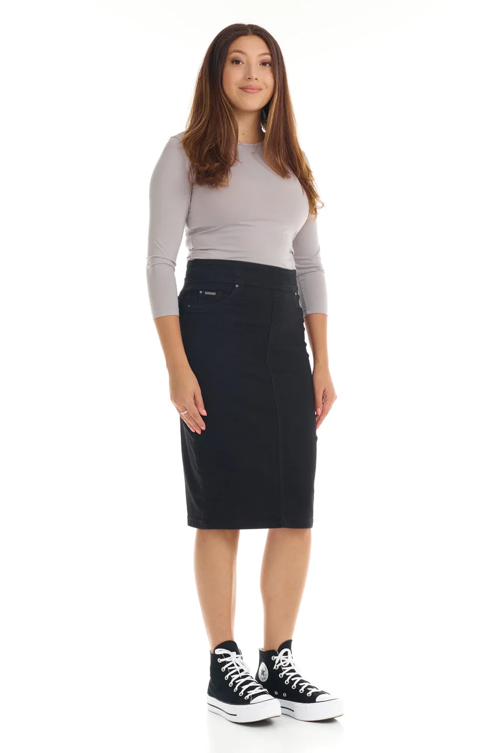 Black High Waisted Pull-on Jean Pencil Skirt 'Siena'