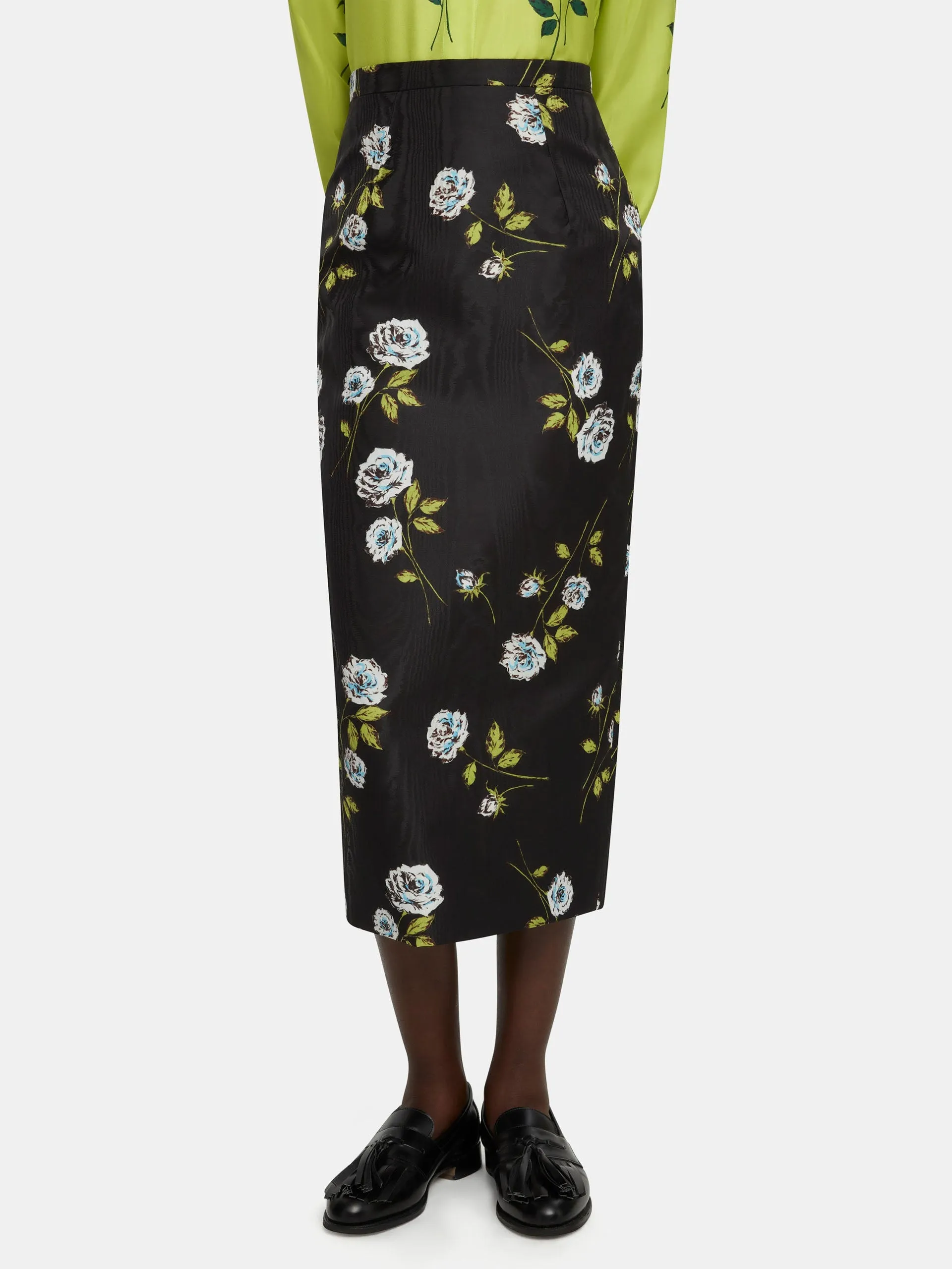 Black Lorelei skirt in rose stem printed moire