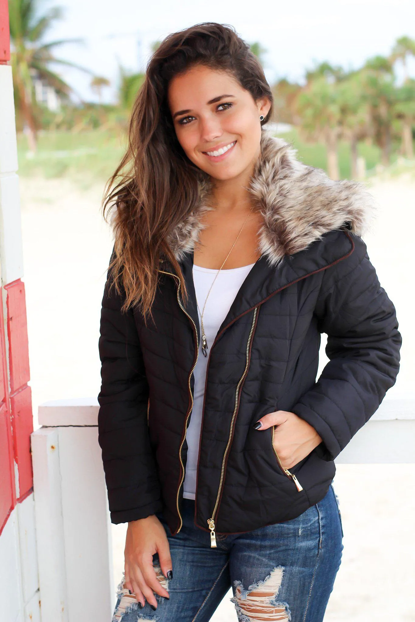 Black Quilted Jacket with Side Zipper