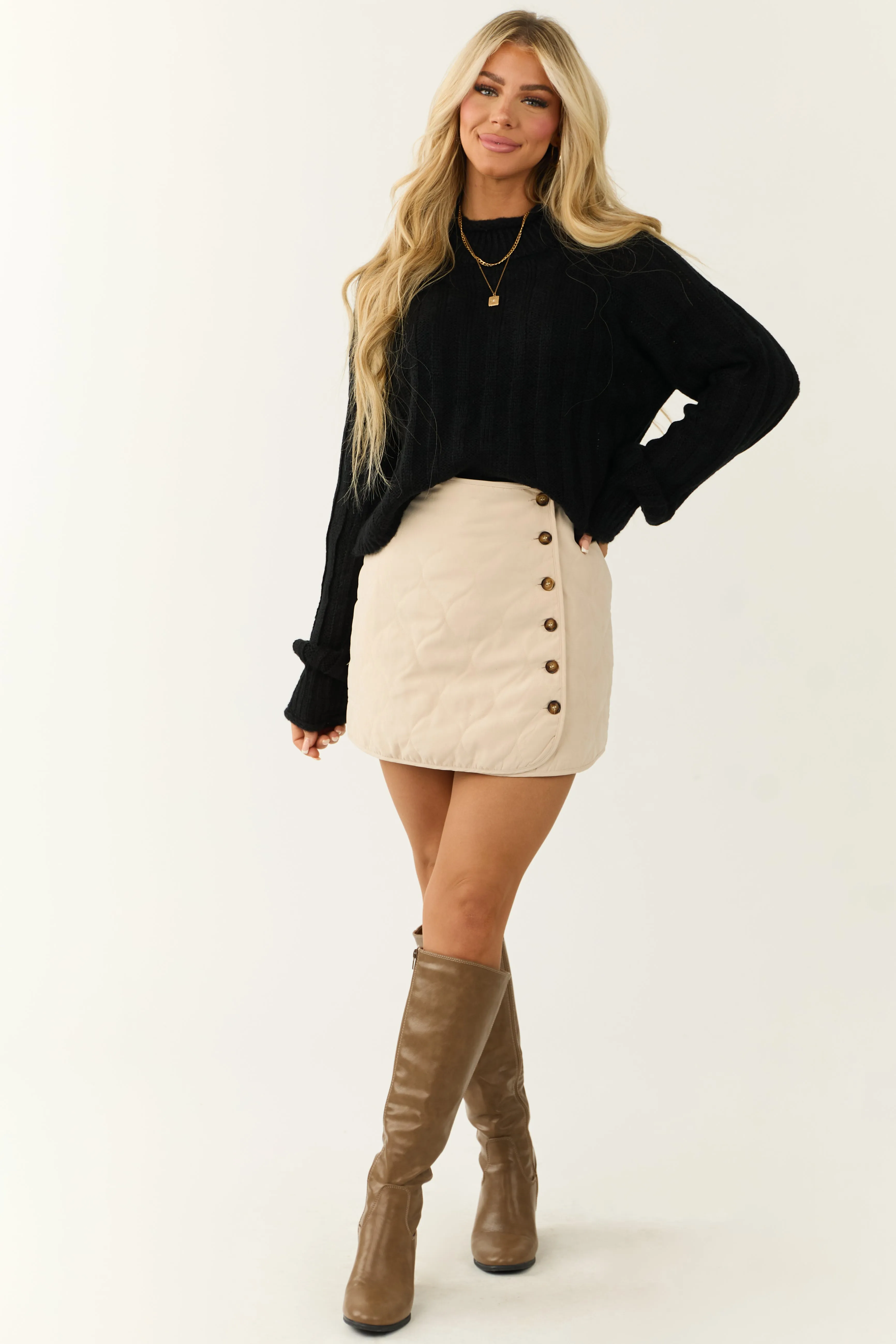 Black Ribbed High Neck Raglan Sweater