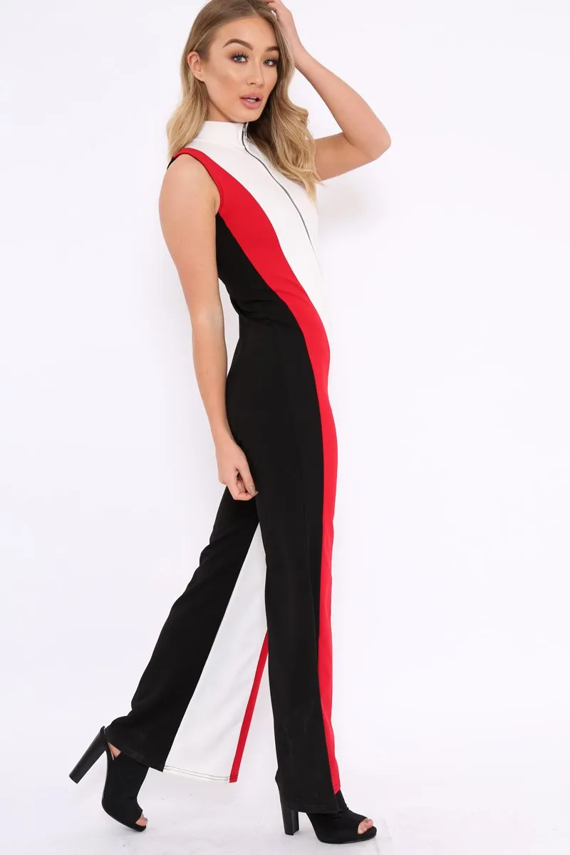 Black White and Red Striped Zip Front Jumpsuit - Brina