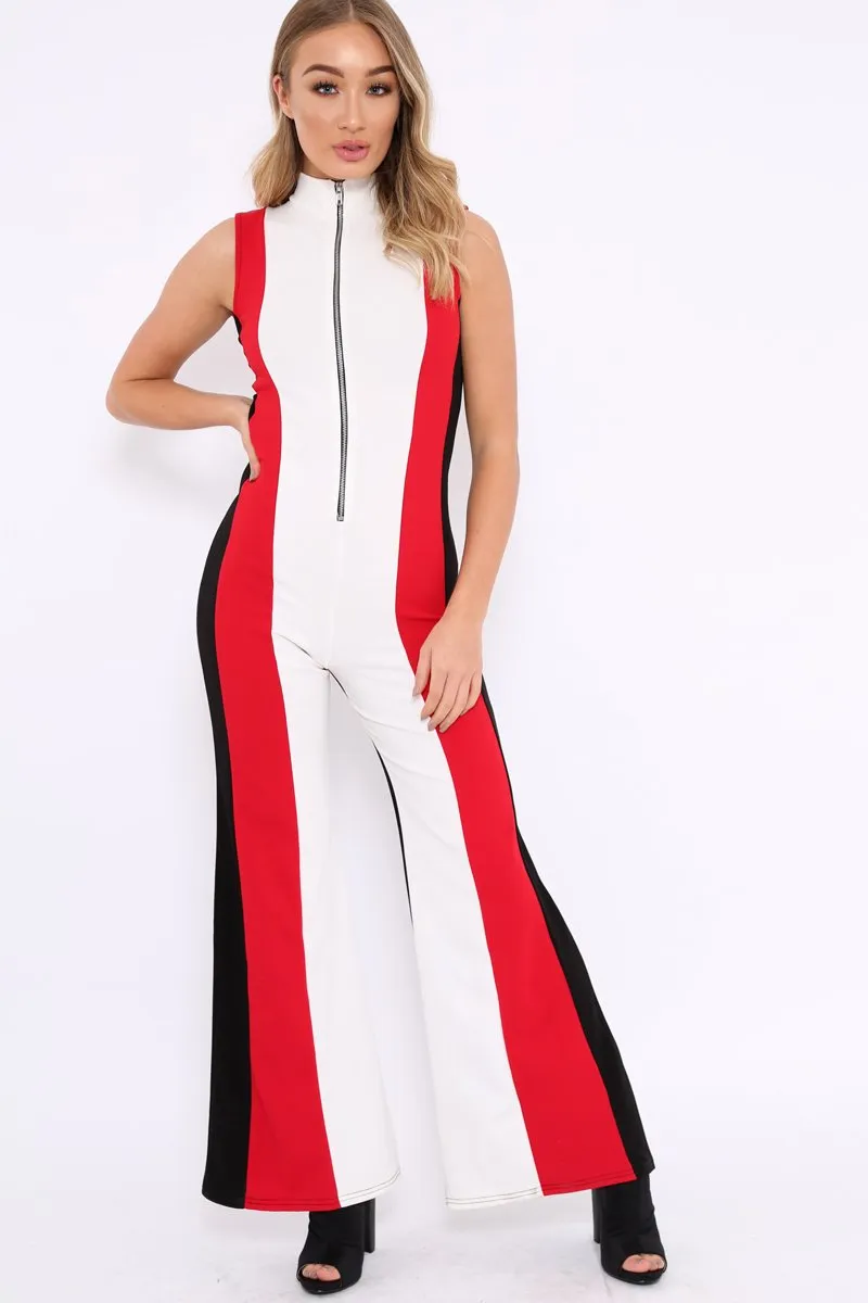 Black White and Red Striped Zip Front Jumpsuit - Brina