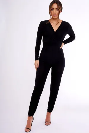 Black Wrap Front Long Sleeved Slinky Jumpsuit - Kendal