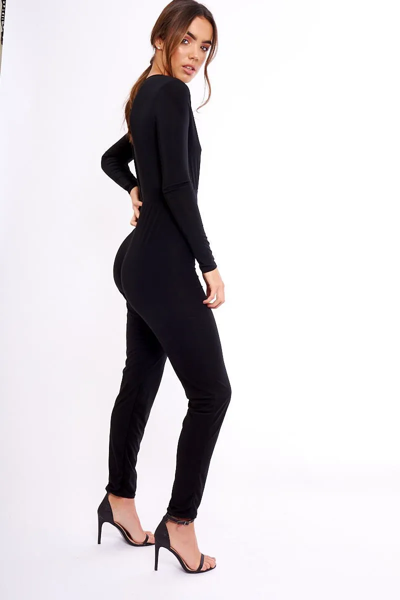 Black Wrap Front Long Sleeved Slinky Jumpsuit - Kendal