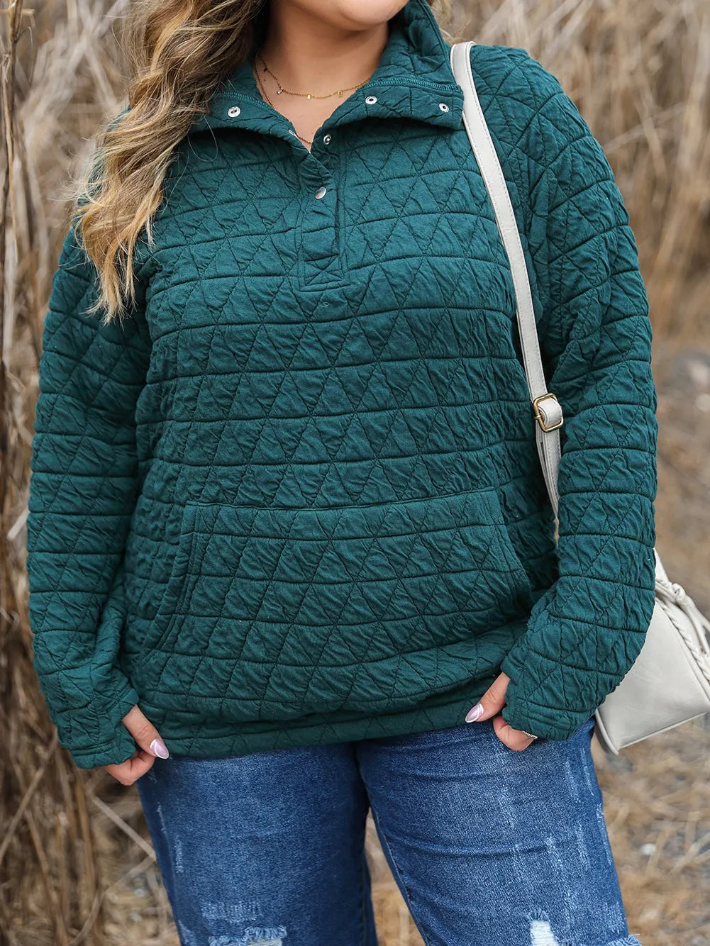 Blackish Green Plus Size Quarter Buttoned Pocketed Quilted Sweatshirt