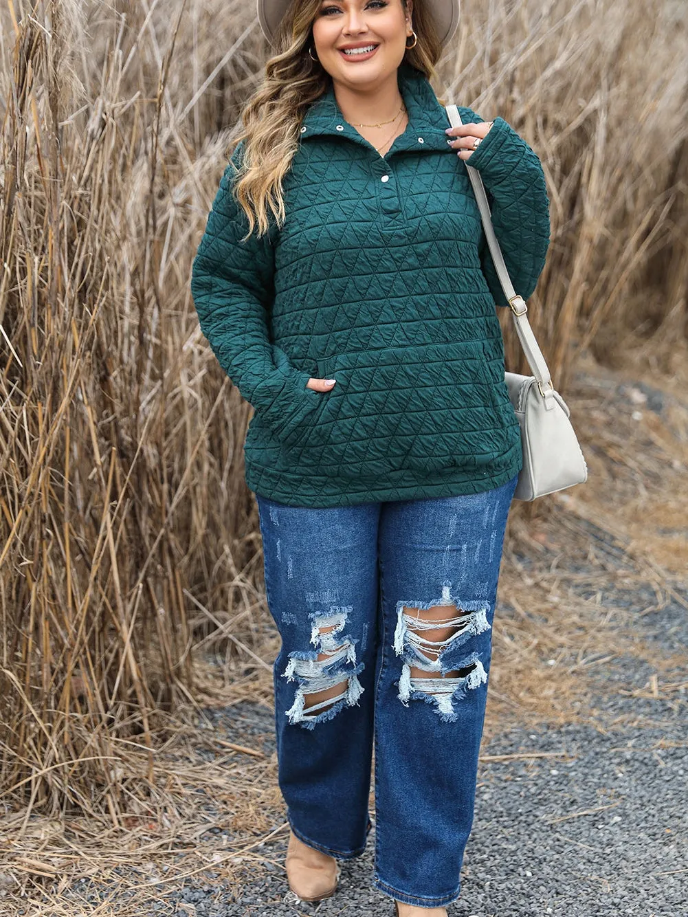 Blackish Green Plus Size Quarter Buttoned Pocketed Quilted Sweatshirt