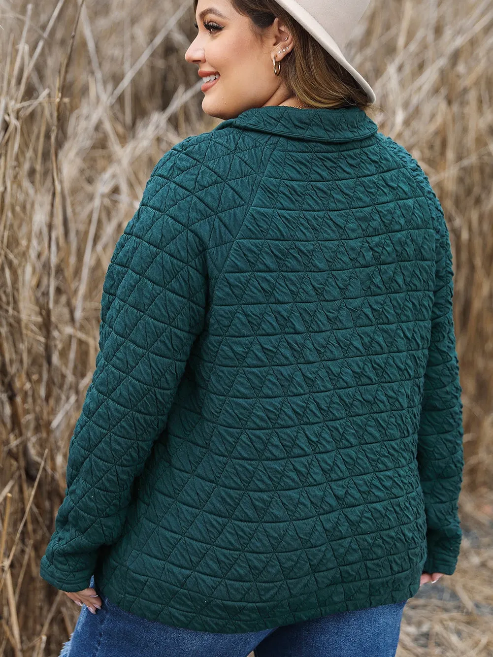 Blackish Green Plus Size Quarter Buttoned Pocketed Quilted Sweatshirt