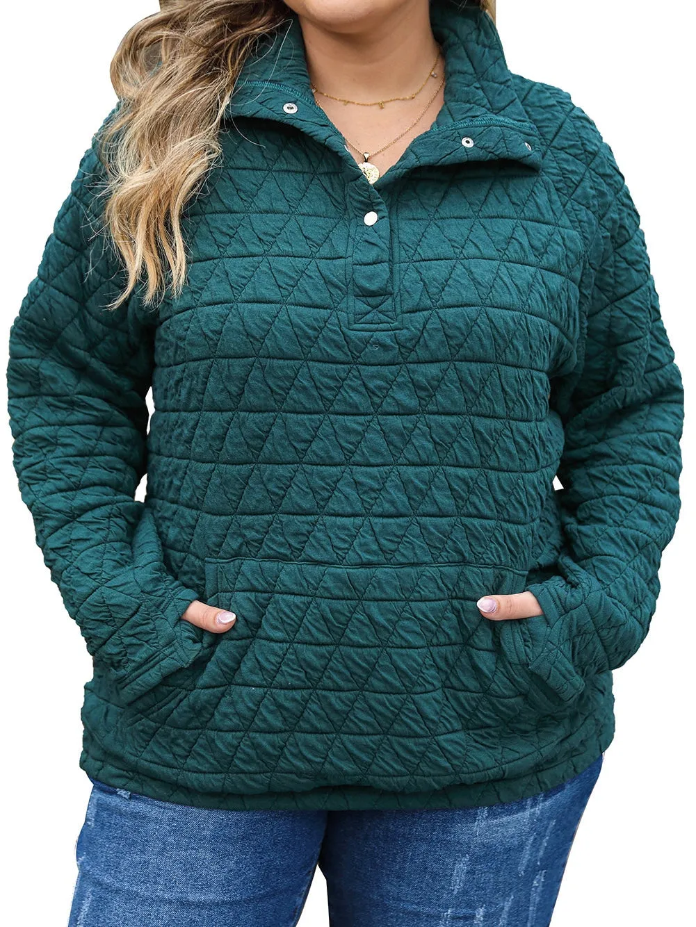 Blackish Green Plus Size Quarter Buttoned Pocketed Quilted Sweatshirt