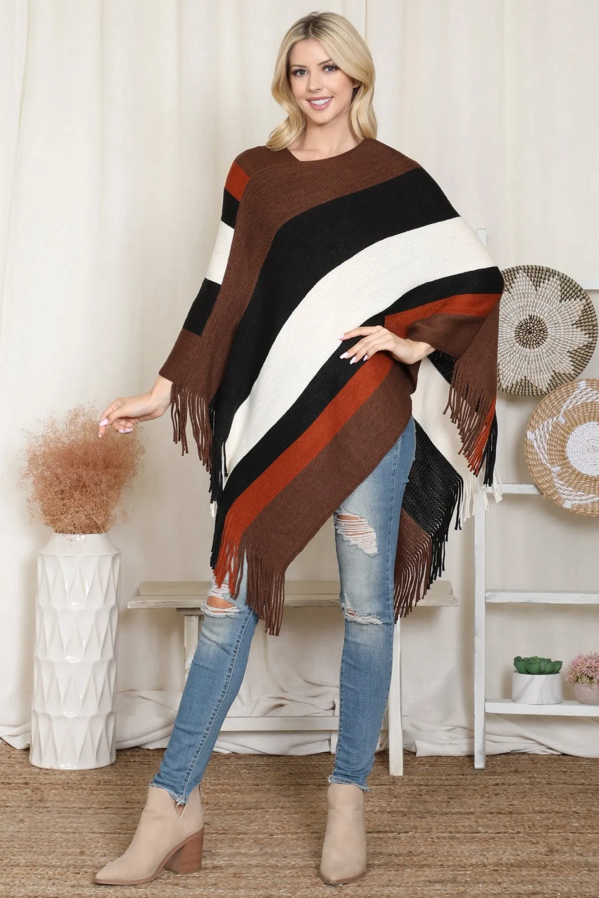 Block Fringe Poncho