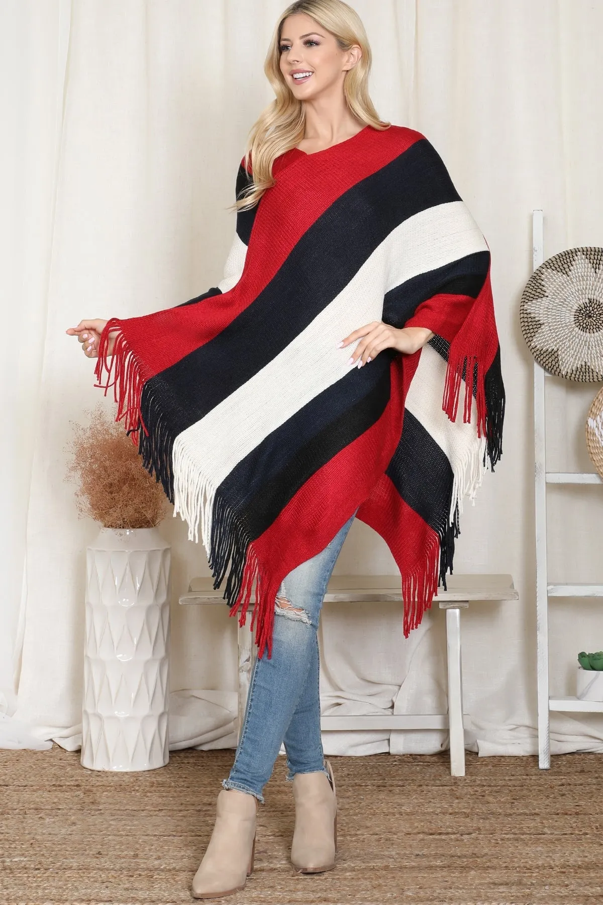 Block Fringe Poncho