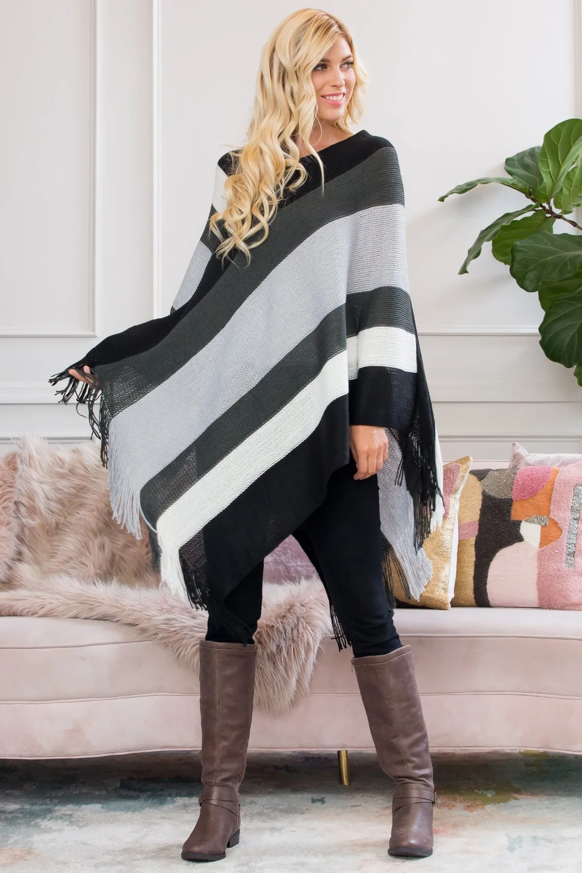 Block Fringe Poncho