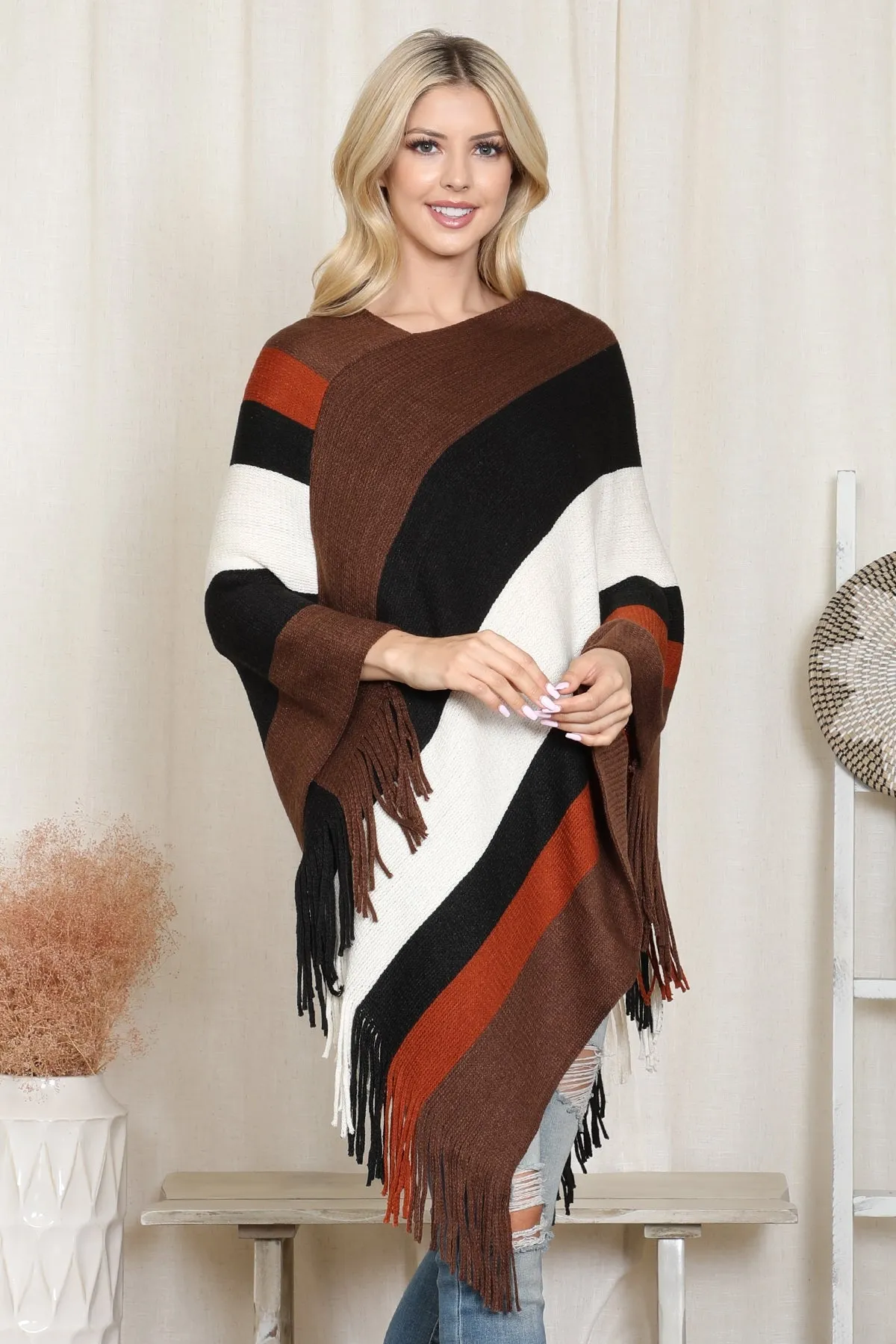 Block Fringe Poncho