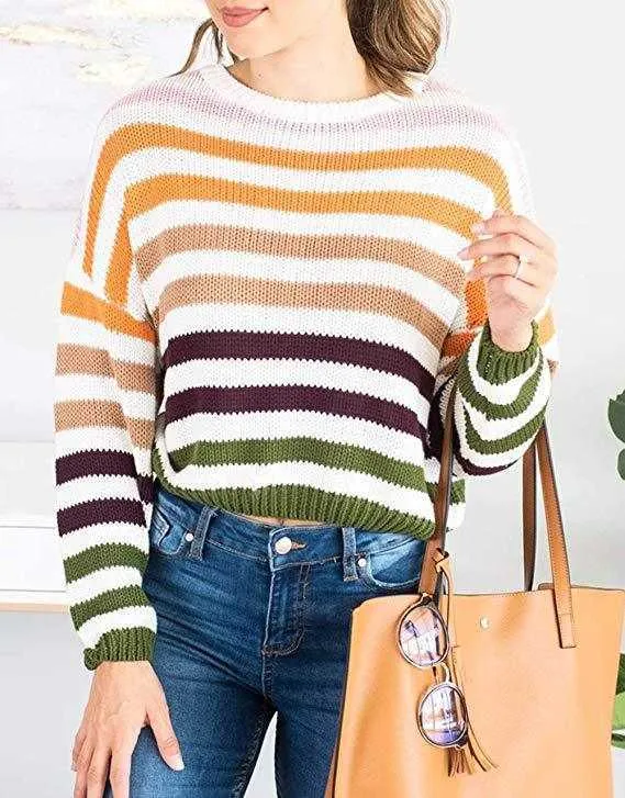 Blocked Colorful Stripes Cropped Turtleneck Sweater Long Sleeve