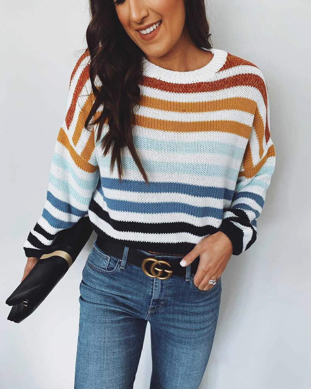 Blocked Colorful Stripes Cropped Turtleneck Sweater Long Sleeve