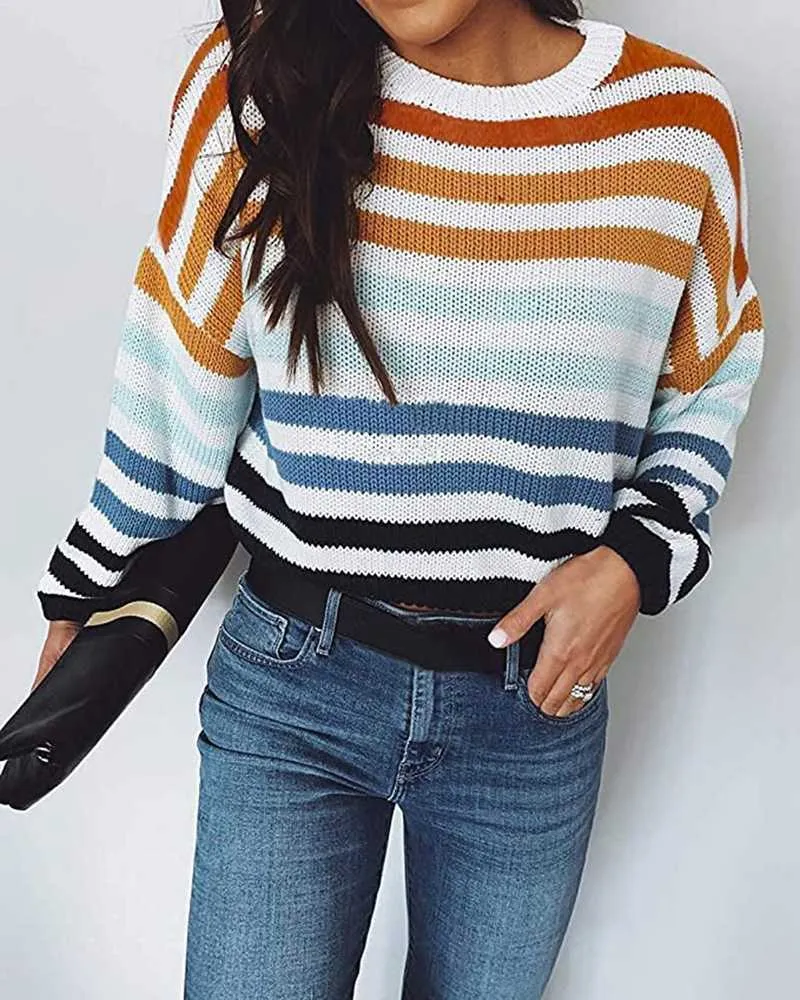 Blocked Colorful Stripes Cropped Turtleneck Sweater Long Sleeve