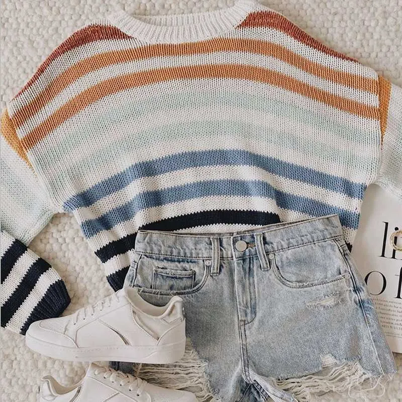 Blocked Colorful Stripes Cropped Turtleneck Sweater Long Sleeve