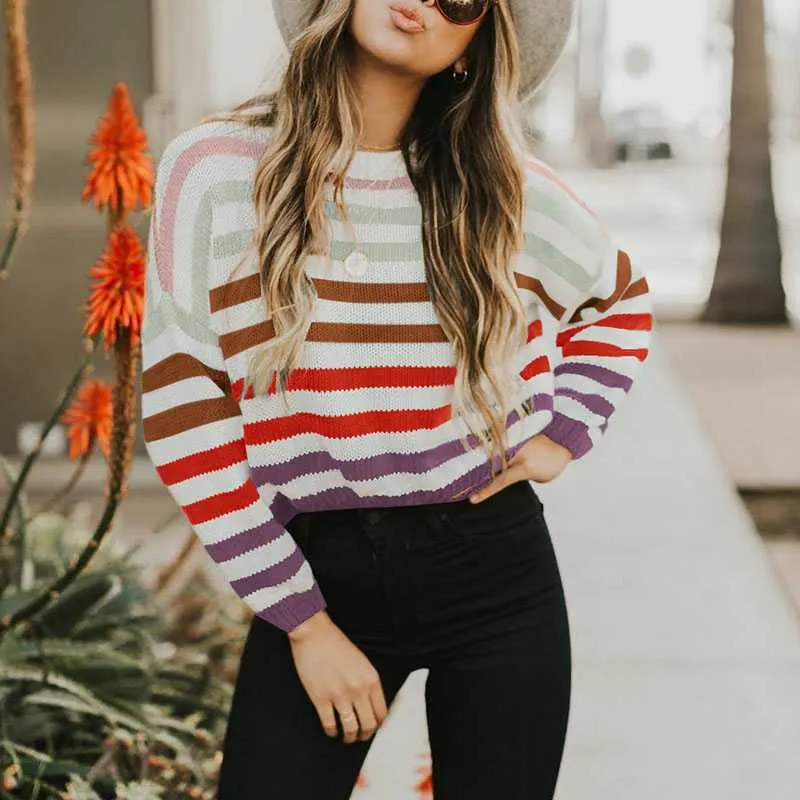 Blocked Colorful Stripes Cropped Turtleneck Sweater Long Sleeve