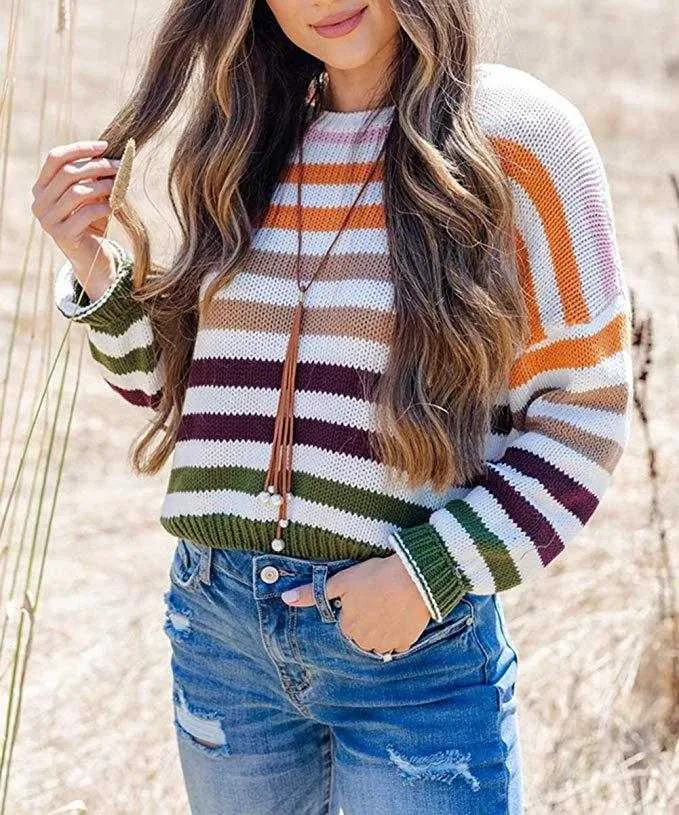 Blocked Colorful Stripes Cropped Turtleneck Sweater Long Sleeve