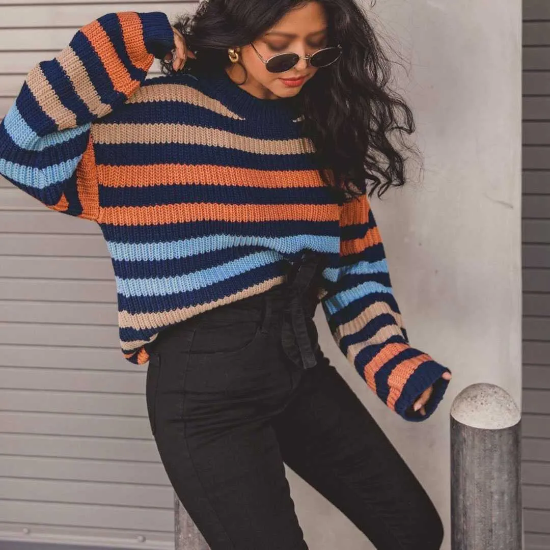 Blocked Colorful Stripes Cropped Turtleneck Sweater Long Sleeve