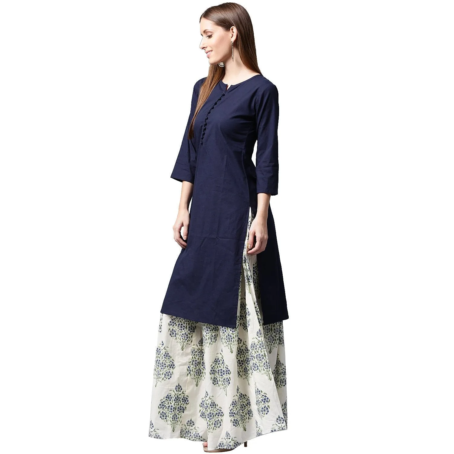 Blue 3/4Th Sleeve Cotton Kurta With White Printed Skirt