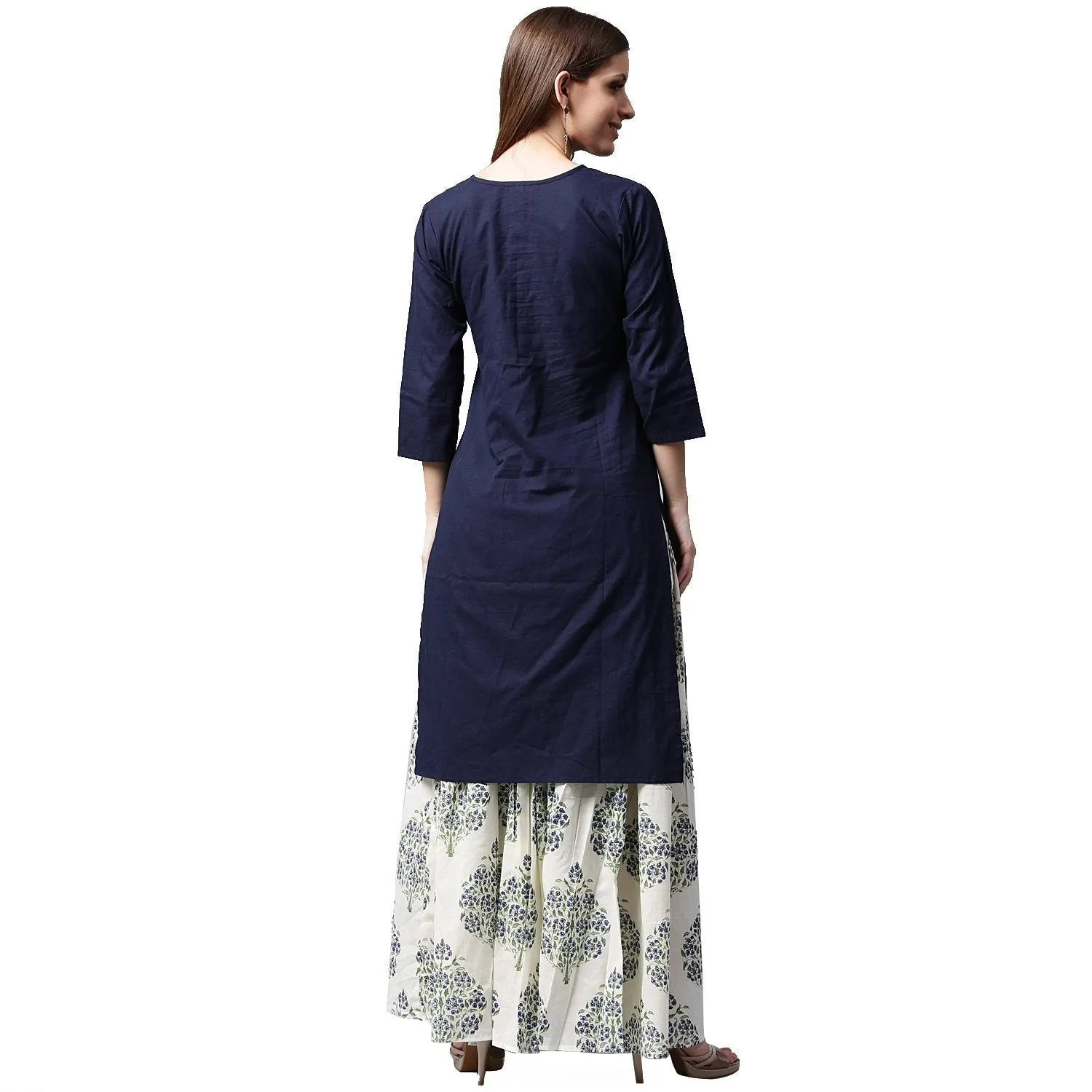 Blue 3/4Th Sleeve Cotton Kurta With White Printed Skirt