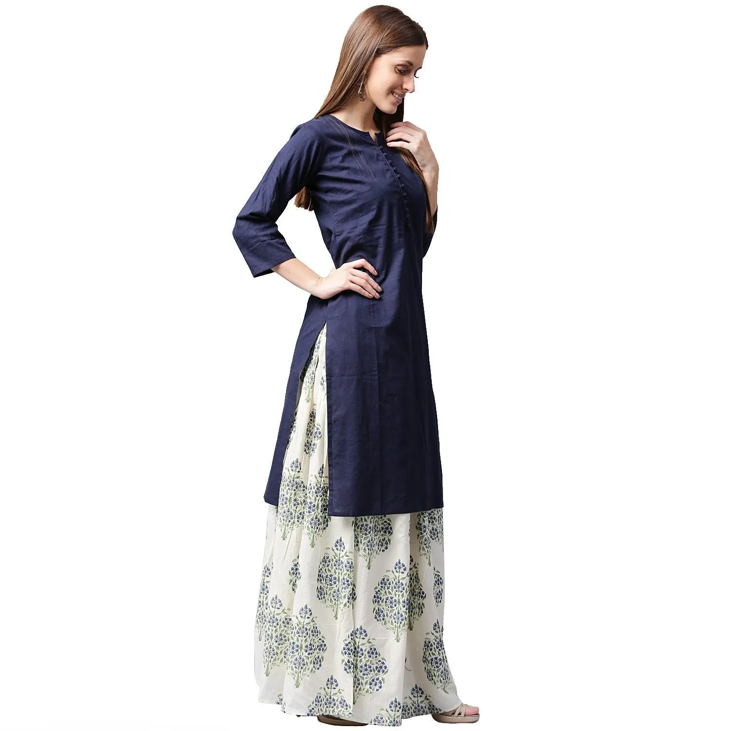 Blue 3/4Th Sleeve Cotton Kurta With White Printed Skirt