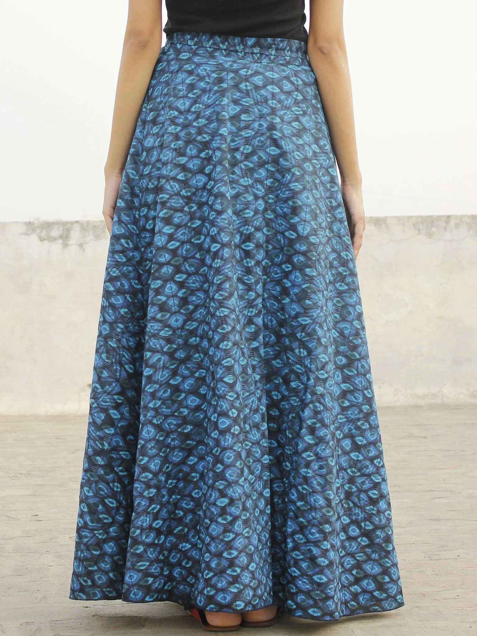 Blue Black Hand Block Printed Wrap Around Skirt  - S40F414