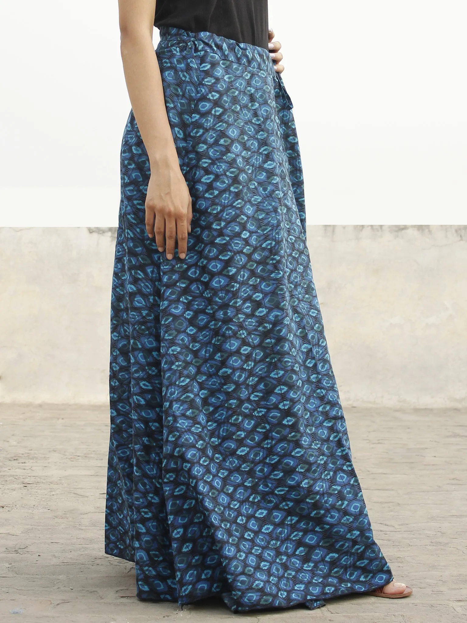 Blue Black Hand Block Printed Wrap Around Skirt  - S40F414