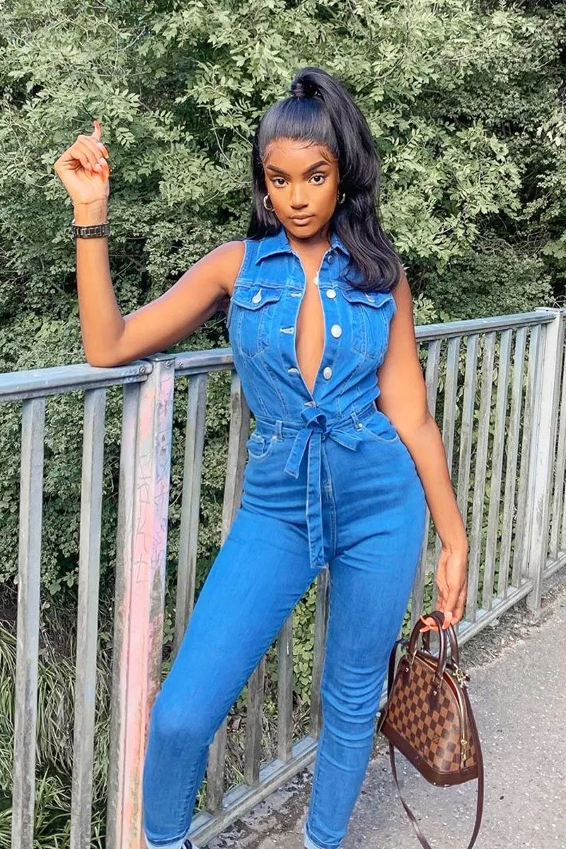 Blue Denim Button Front Sleeveless Jumpsuit - Faven