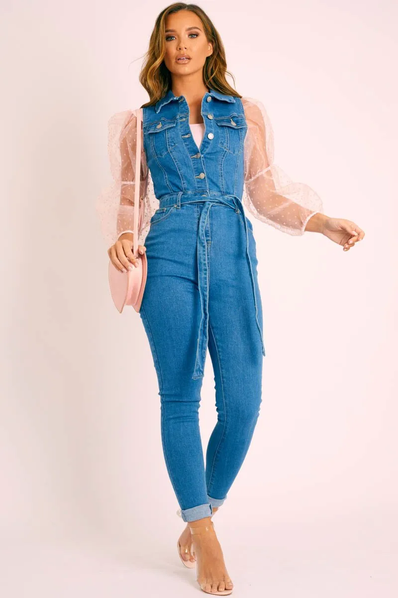 Blue Denim Button Front Sleeveless Jumpsuit - Faven