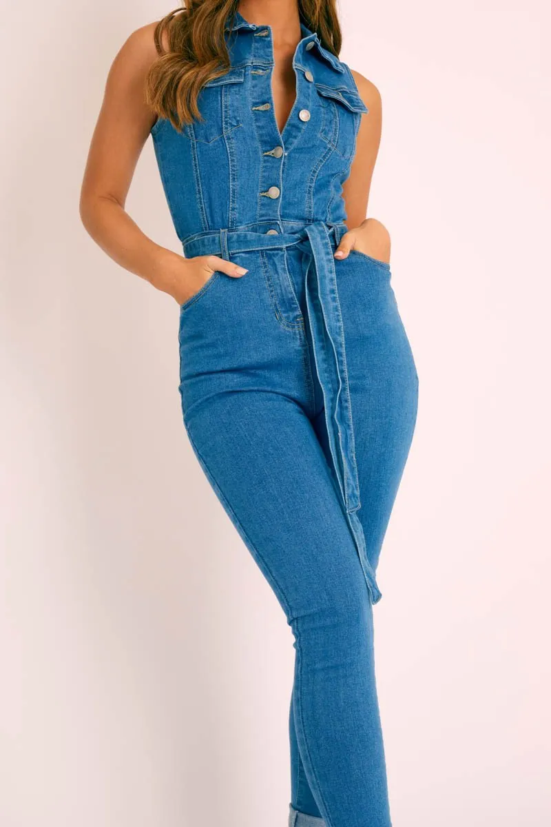 Blue Denim Button Front Sleeveless Jumpsuit - Faven