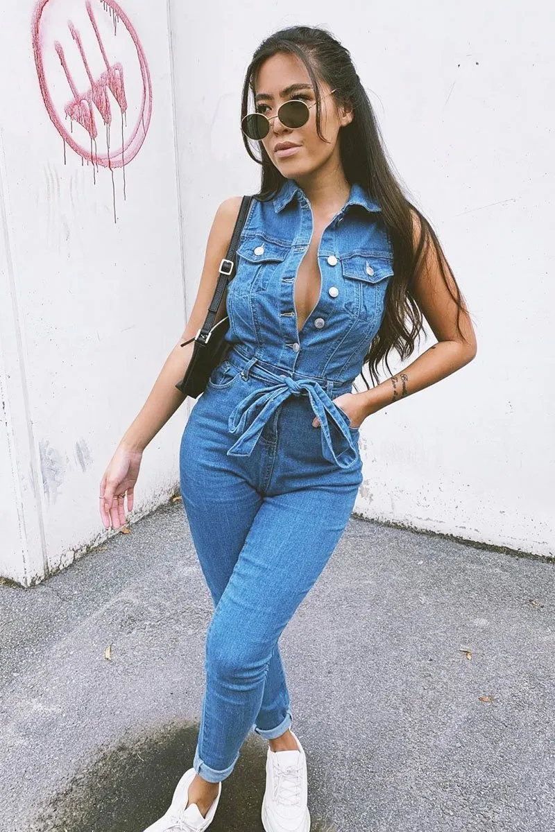 Blue Denim Button Front Sleeveless Jumpsuit - Faven