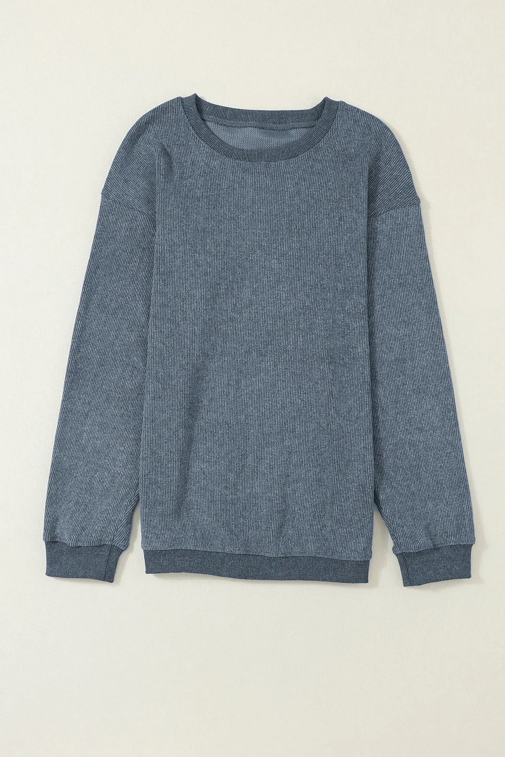 Blue Solid Ribbed Knit Round Neck Pullover Sweatshirt