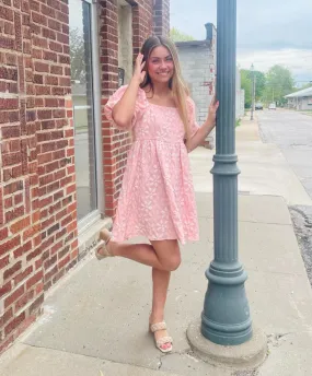 Blush Floral Jacquard Puff Sleeve Dress