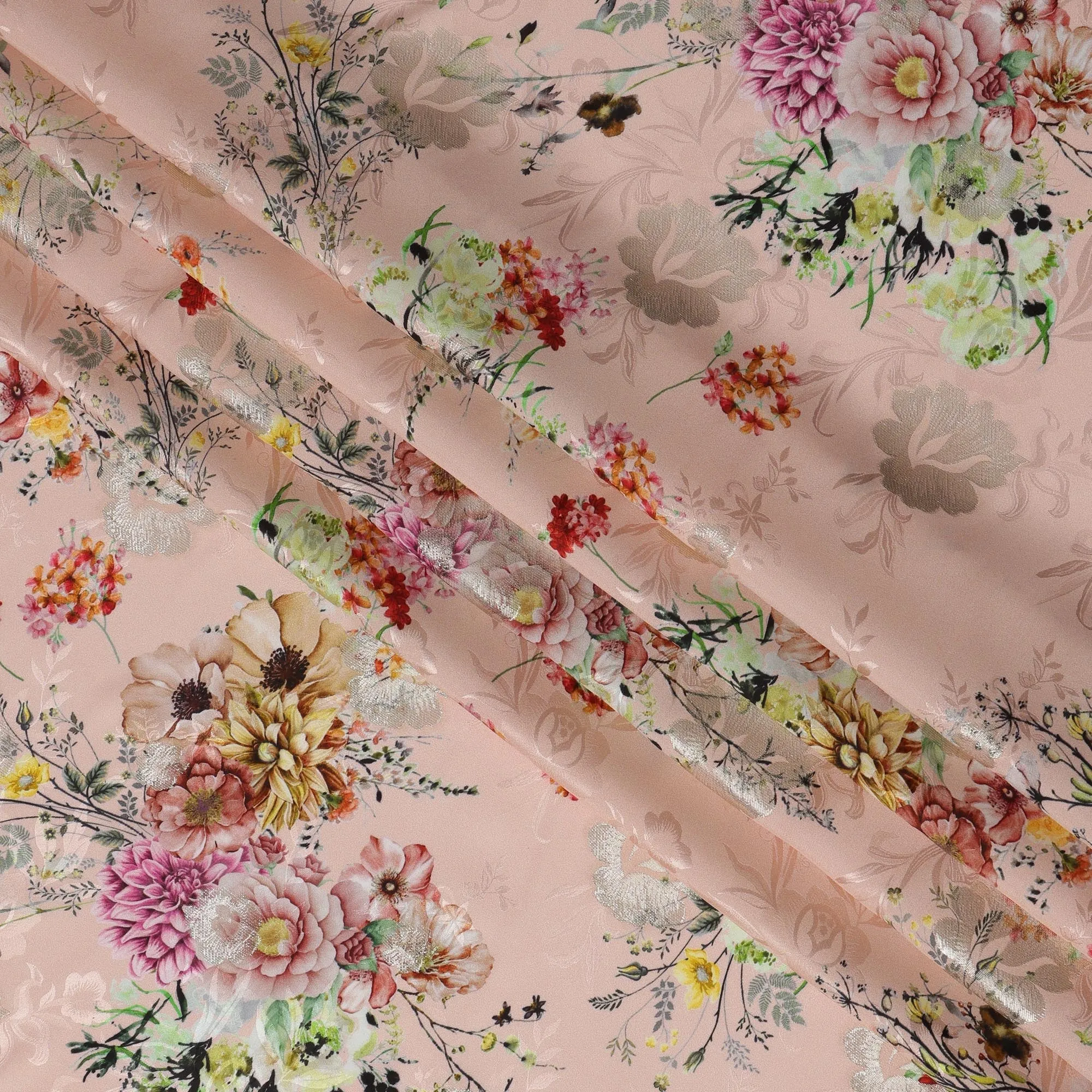 Blush Pink Floral Silk Satin Fabric with Metallic Accents, Width 140 cm, South Korea-D21290