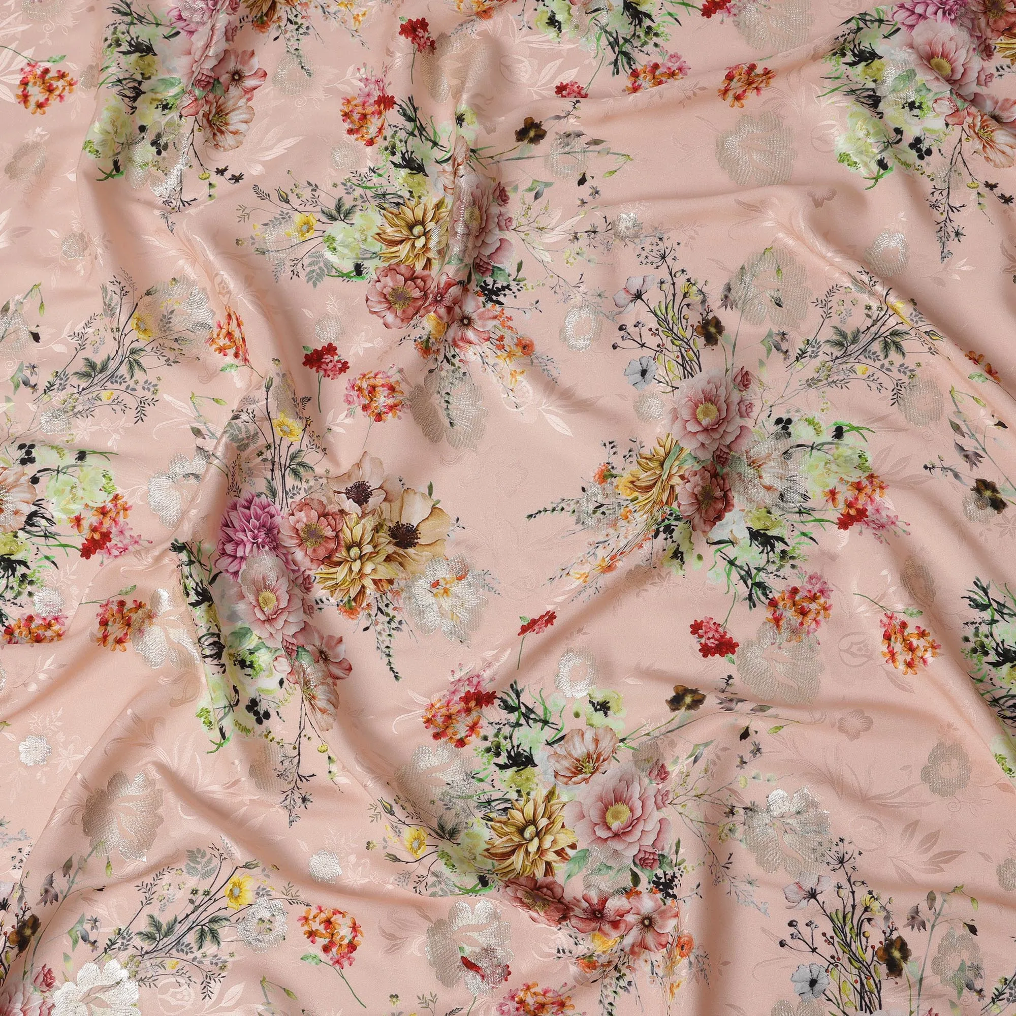 Blush Pink Floral Silk Satin Fabric with Metallic Accents, Width 140 cm, South Korea-D21290