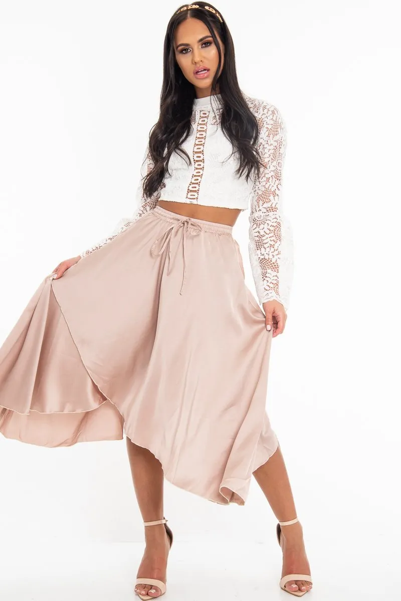 Blush Satin Wrap Drawstring Waist Midi Skirt - Scarlett