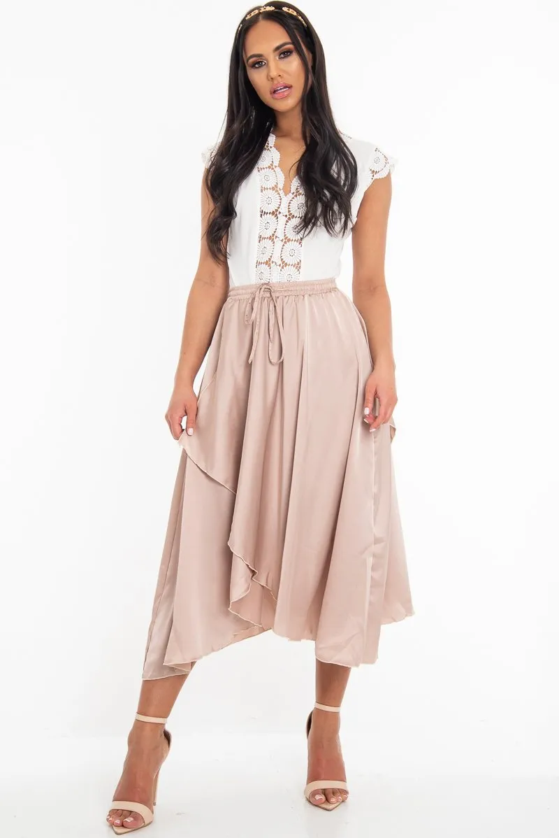 Blush Satin Wrap Drawstring Waist Midi Skirt - Scarlett