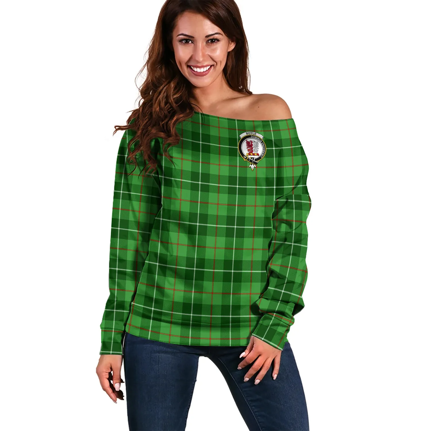 Boyle Tartan Off Shoulder Women Sweater with Family Crest