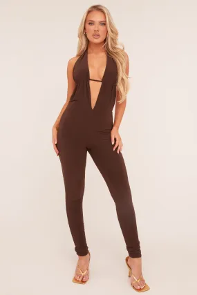 Brown Plunge Halter Neck Jumpsuit - Liliana