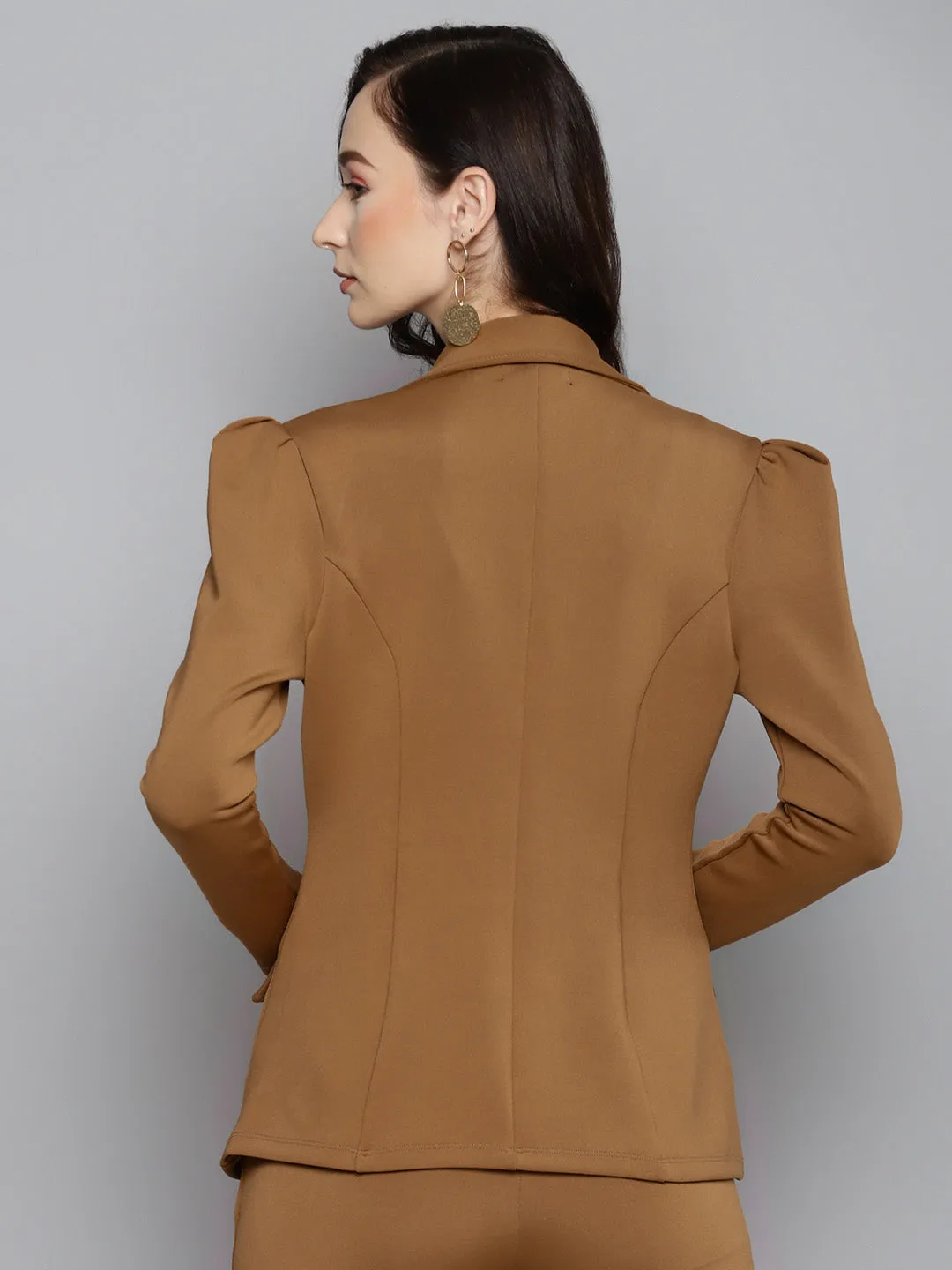 Brown Scuba Puff Sleeves Blazer